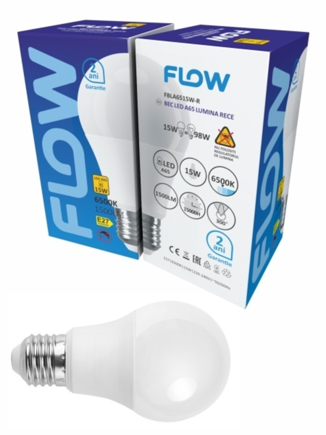 Bec LED A65 15W, E27, 6500K, lumina rece FLOW FBLA6515W-R (set de 10 bucati- 45 lei setul)