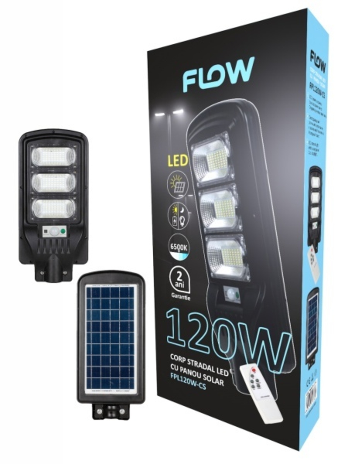 Corp stradal LED cu panou solar 120W 6500K lumina rece FLOW FPL120W-CS