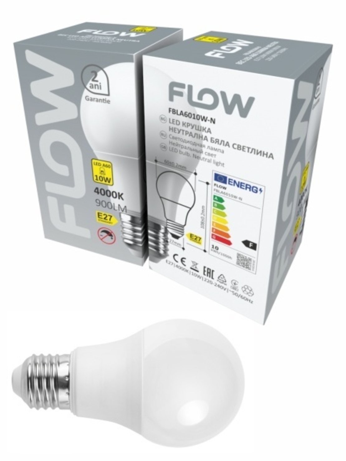Bec LED A60 10W, E27, 4000K, lumina neutra FLOW FBLA6010W-N (set de 10 bucati- 30 lei setul)