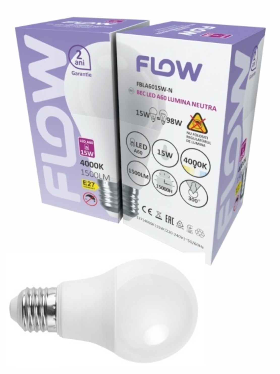 Bec LED A60 15W, E27, 4000K, lumina neutra FLOW FBLA6015W-N (set de 10 bucati- 35 lei setul)