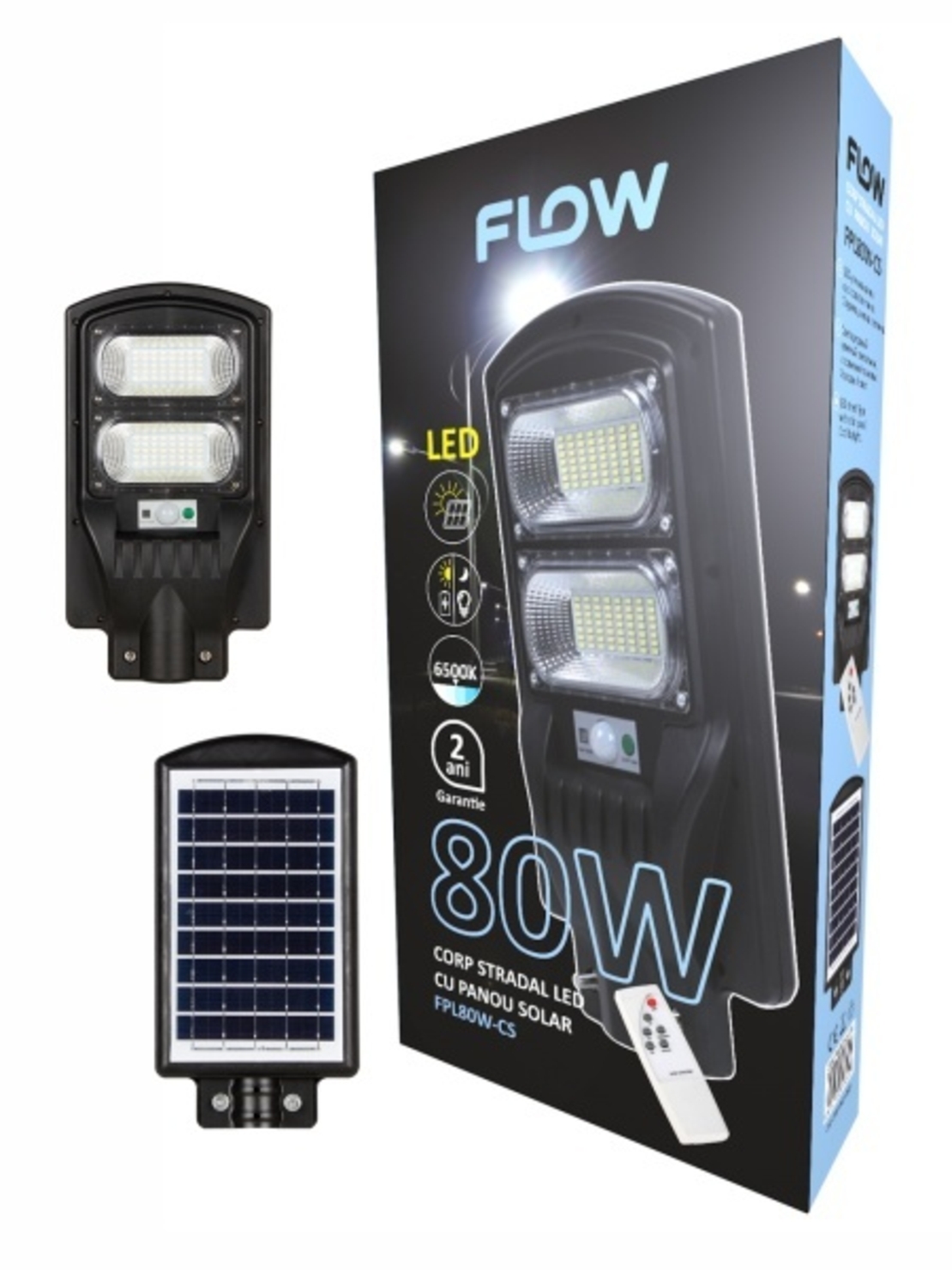 Corp stradal LED cu panou solar 80W 6500K lumina rece FLOW FPL80W CS
