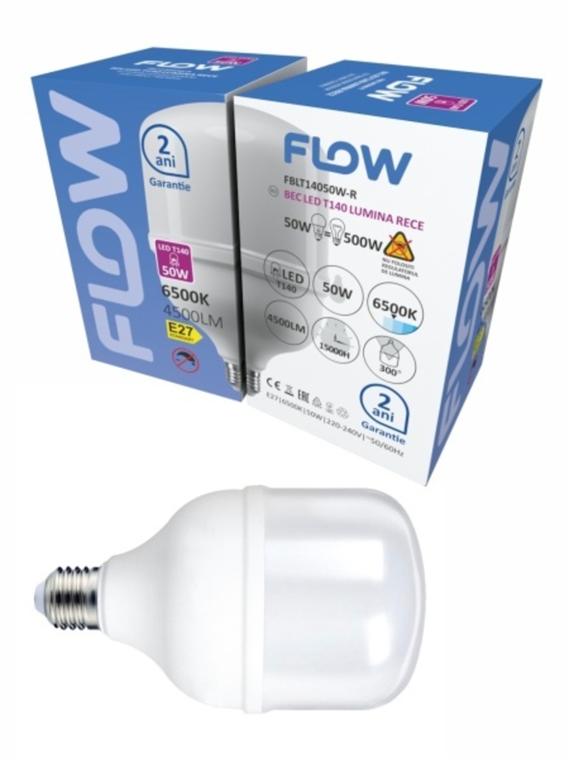 Bec LED T140 50W, E27, 6500K, lumina rece FLOW FBLT14050W-R
