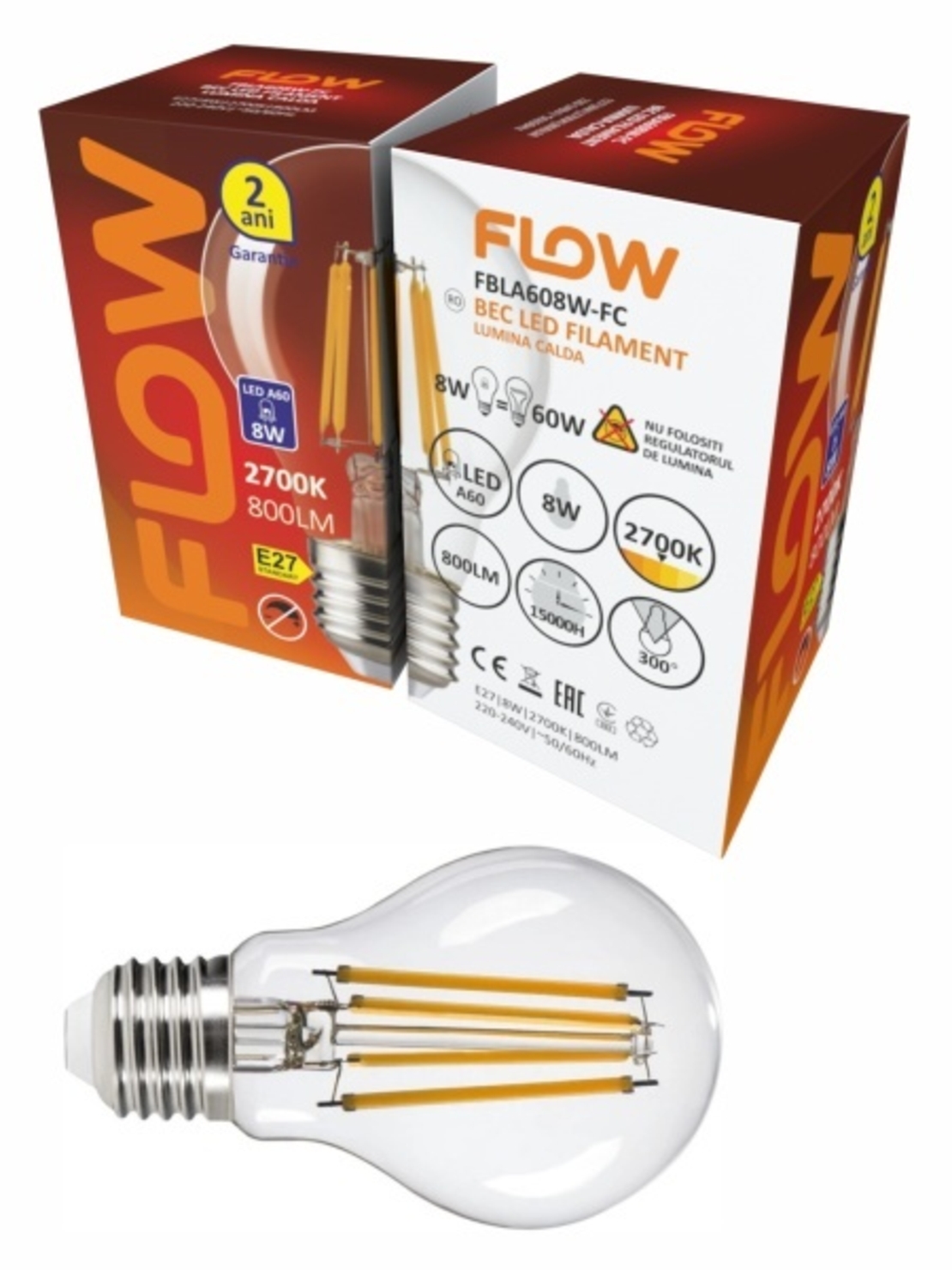 Bec LED Filament A60 8W, E27, 2700K, lumina calda FLOW FBLA608W-FC (set de 10 bucati- 60lei setul)