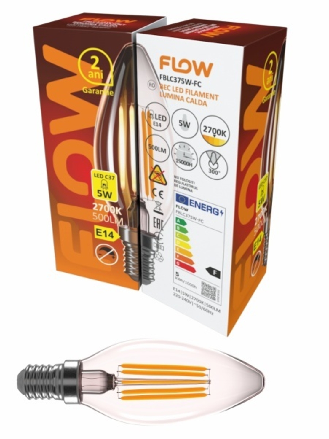 Bec LED Filament C37 5W, E27, 2700K, lumina calda FLOW FBLC375W-FC (set de 10 bucati- 50 lei setul)