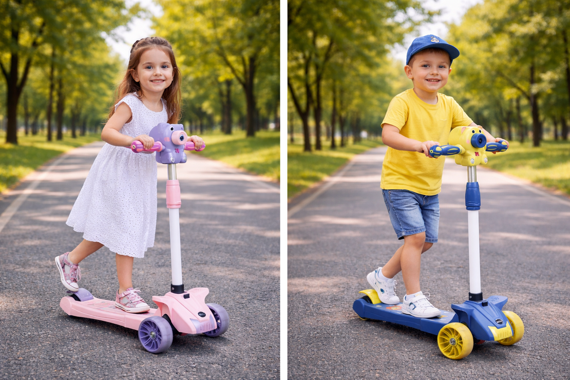 Trotinetă Copii 3 Roți cu Muzică, Baloane de Săpun și Roți Luminoase, Reglabilă și Pliabilă cu Șezut Model Roz si Model Albastru