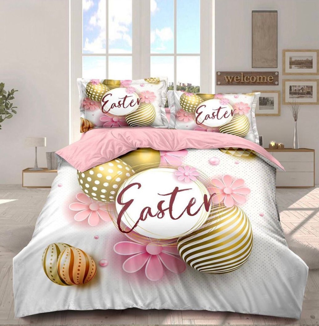 Lenjerie de pat 6 piese Finet cu motive pascale- Model Easter, 2 persoane, cearceaf mare + 4 feţe perna ROZ.