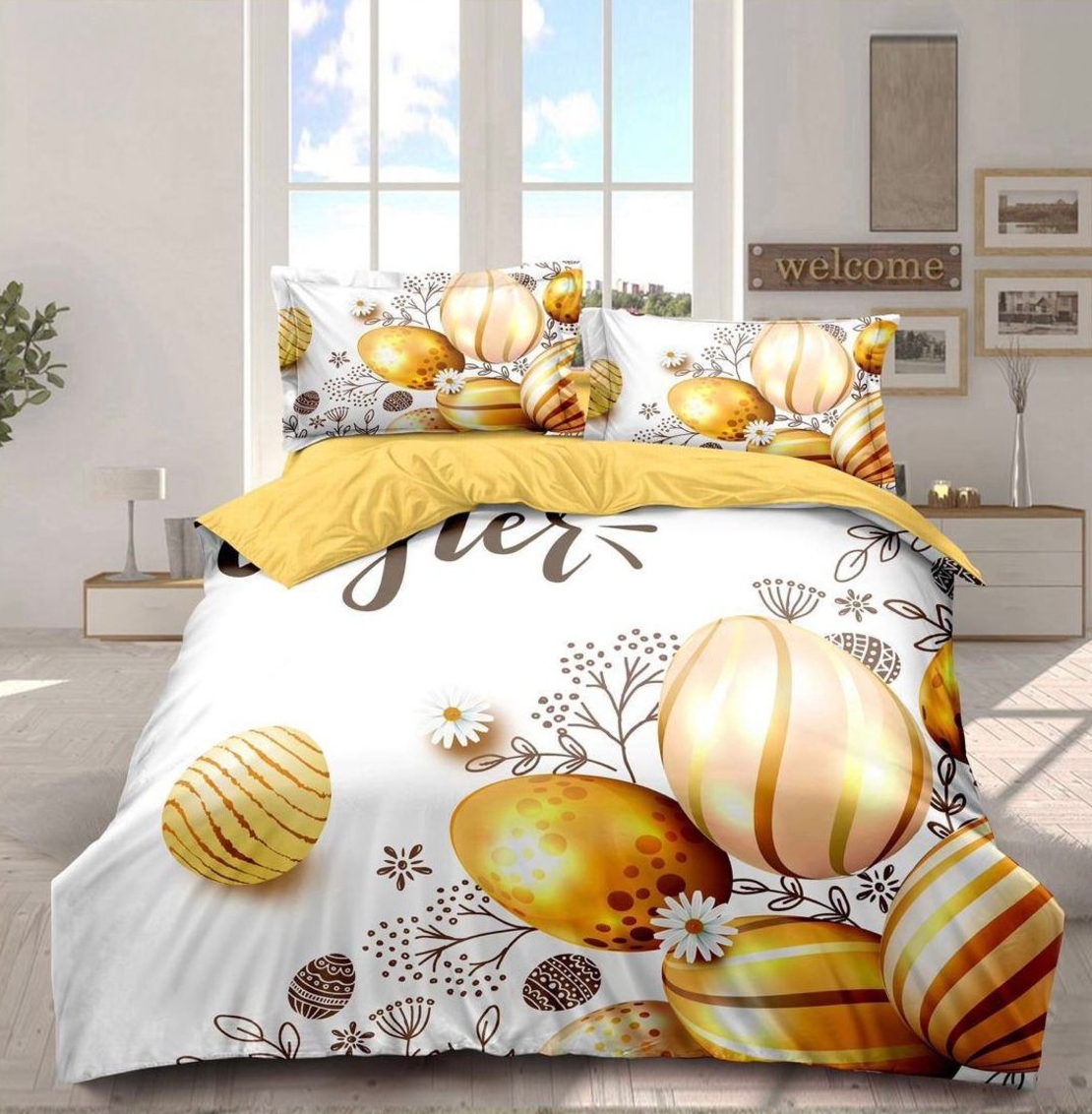 Lenjerie de pat 6 piese Finet cu motive pascale- Model Easter, 2 persoane, cearceaf mare + 4 feţe perna GALBEN.