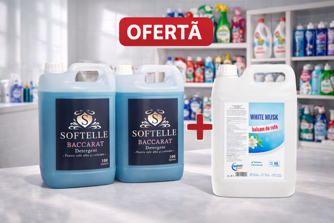 Pachet Detergent + Balsam Rufe 5L – Softelle Baccarat & White Musk | Super Ofertă