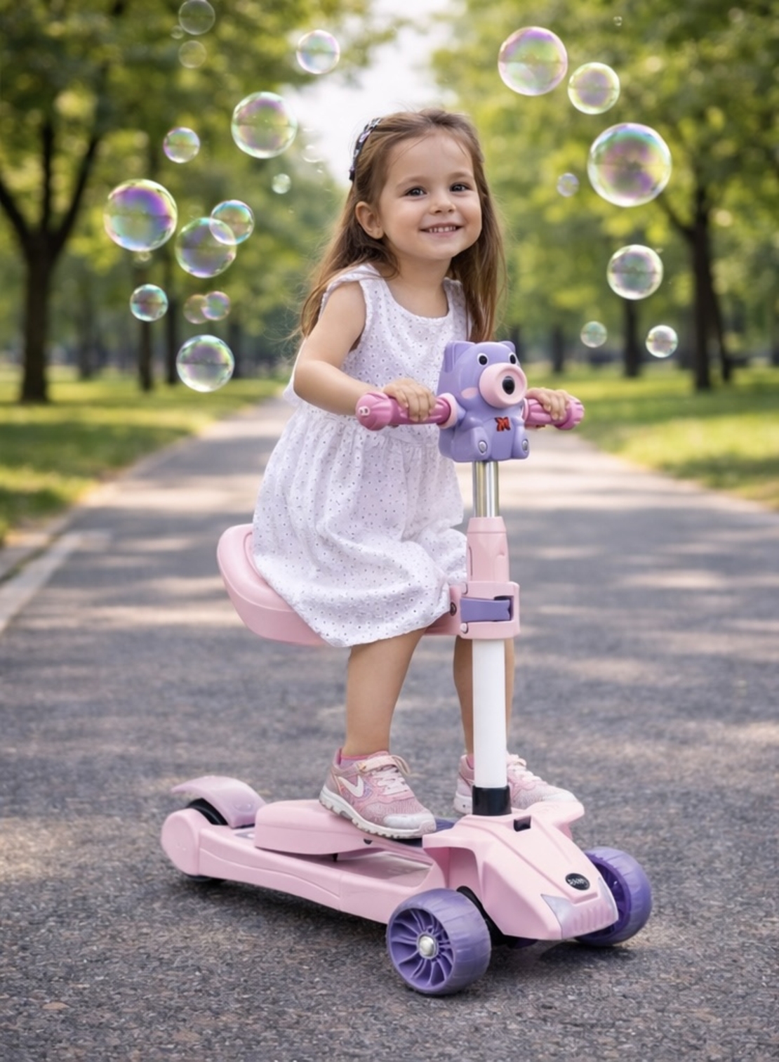 Trotinetă Copii 3 Roți cu Muzică, Baloane de Săpun și Roți Luminoase, Reglabilă și Pliabilă cu Șezut Model Roz si Model Albastru
