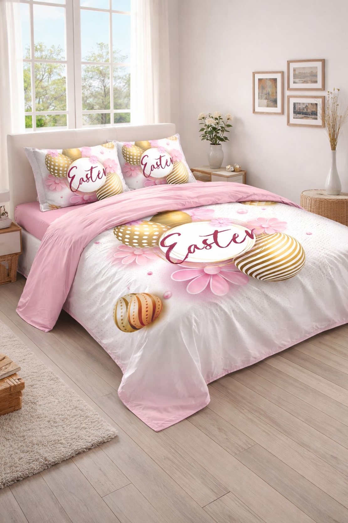 Lenjerie de pat 6 piese Finet cu motive pascale- Model Easter, 2 persoane, cearceaf mare + 4 feţe perna ROZ.