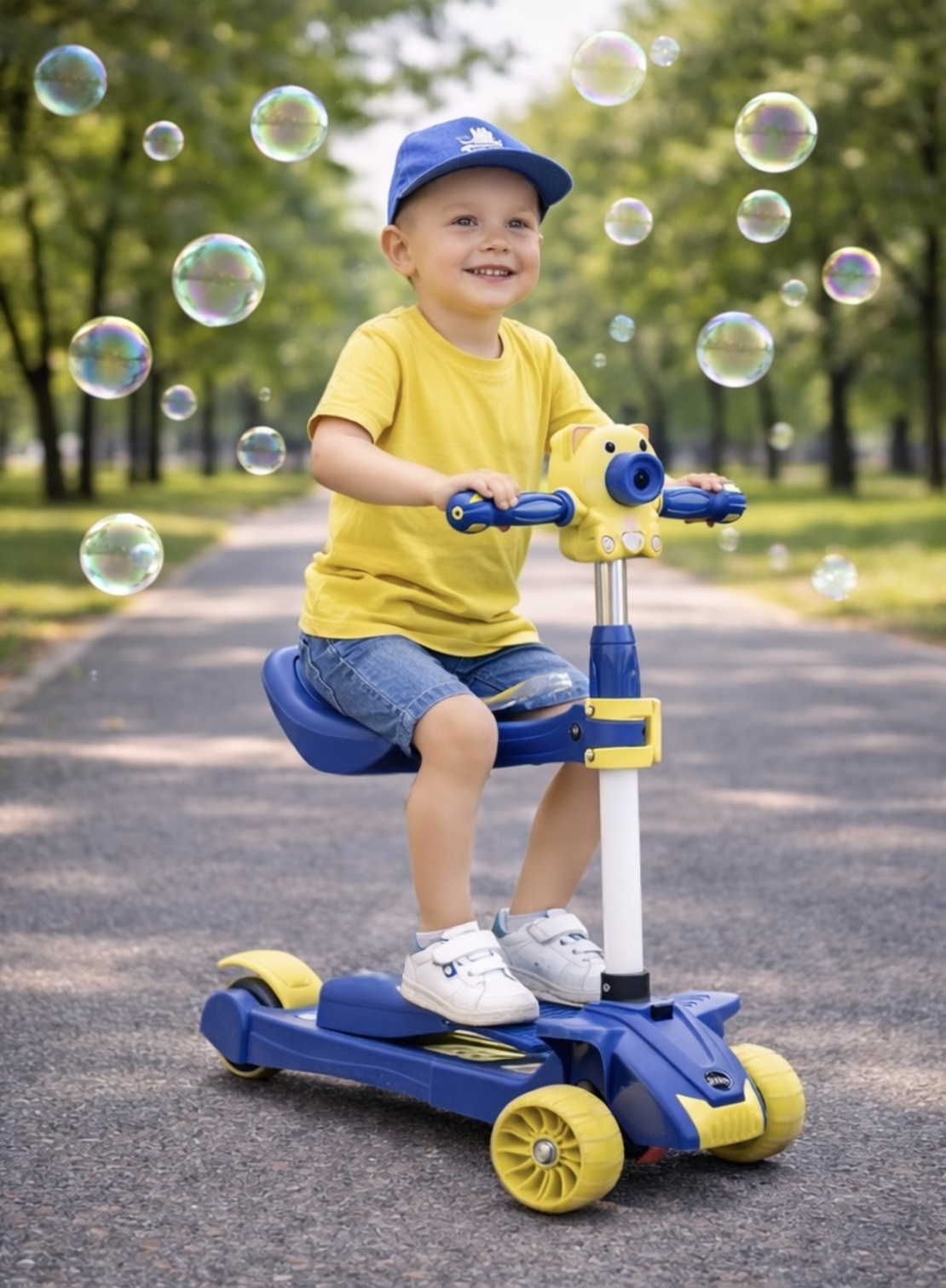 Trotinetă Copii 3 Roți cu Muzică, Baloane de Săpun și Roți Luminoase, Reglabilă și Pliabilă cu Șezut Model Roz si Model Albastru