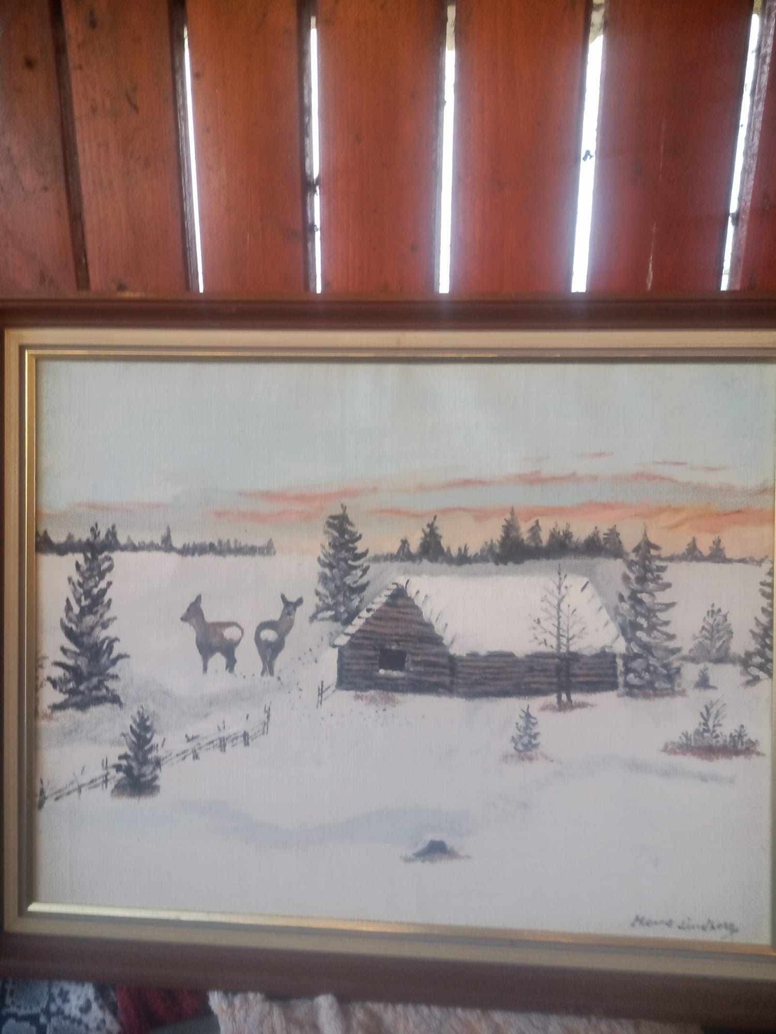 Tablou pictat pe pânză peisaj de iarna semnat
