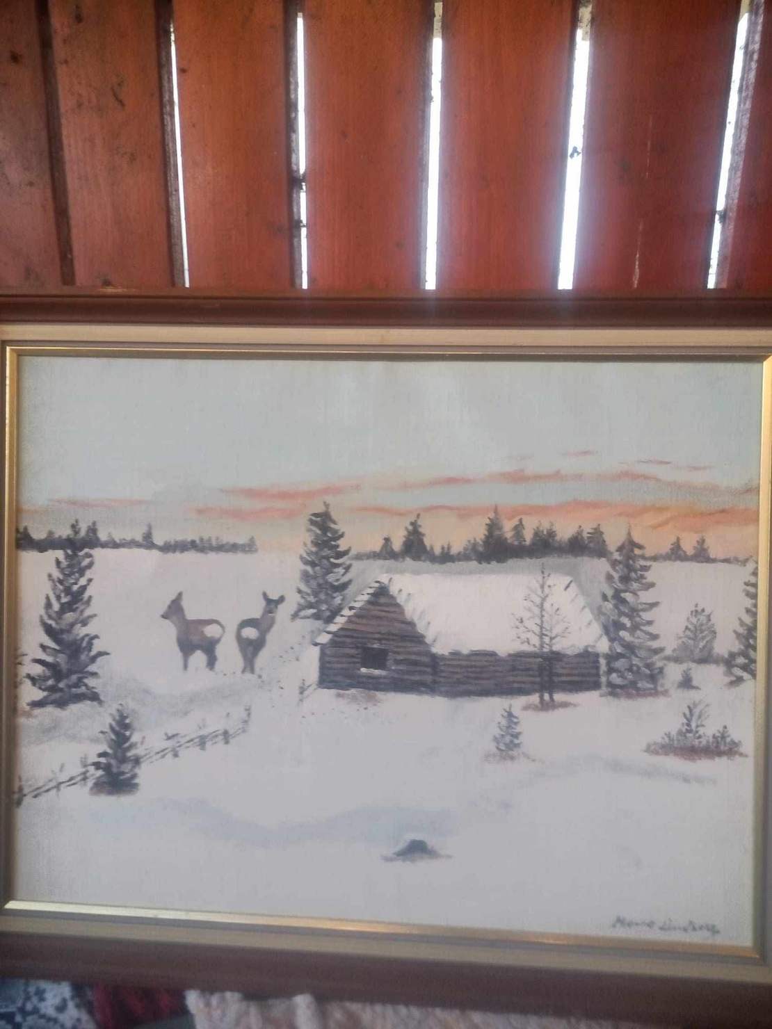 Tablou pictat pe pânză peisaj de iarna semnat
