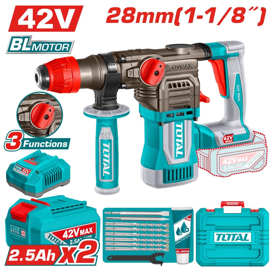 TOTAL - CIOCAN ROTOPERCUTOR - 28MM - 42V (INCLUDE 2 ACUMULATORI, 1 INCARCATOR)
