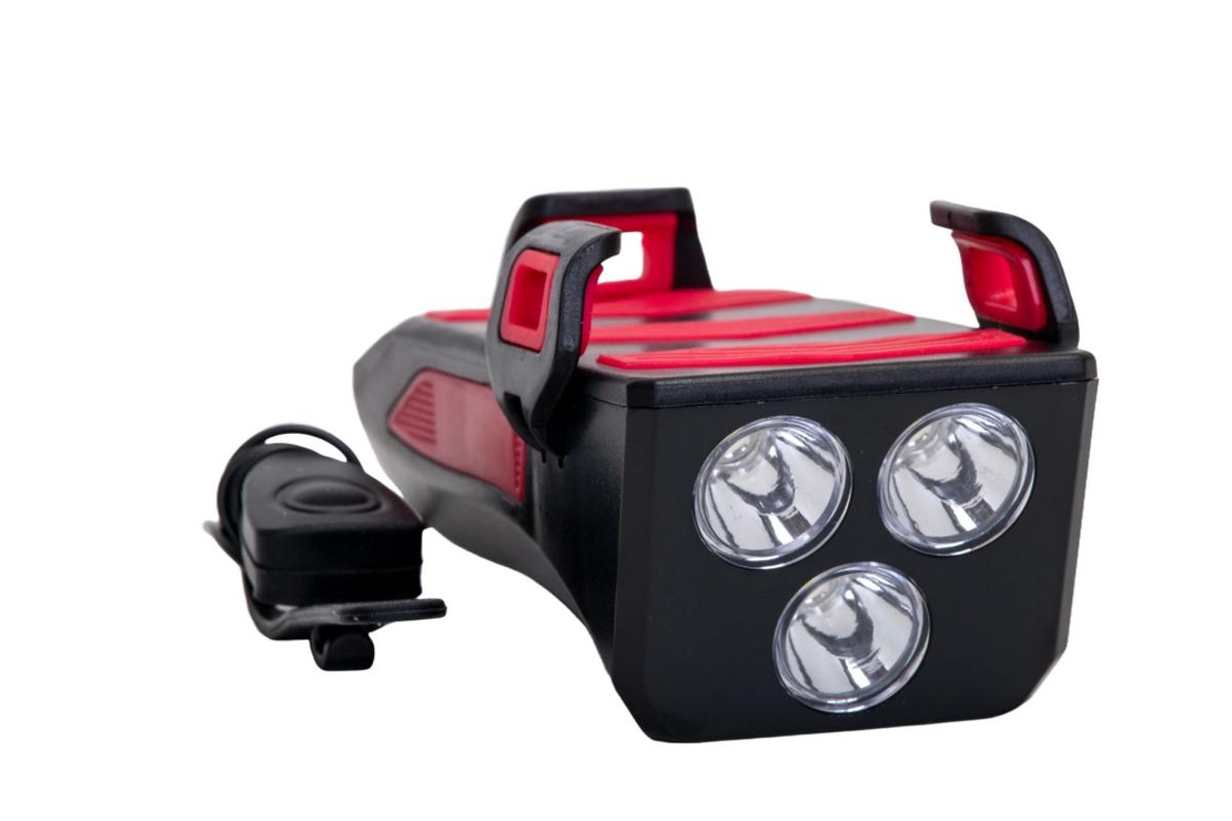 FAR LED PENTRU BICICLETA CU SUPORT PENTRU TELEFON SI CLAXON (REINCARCABIL USB)