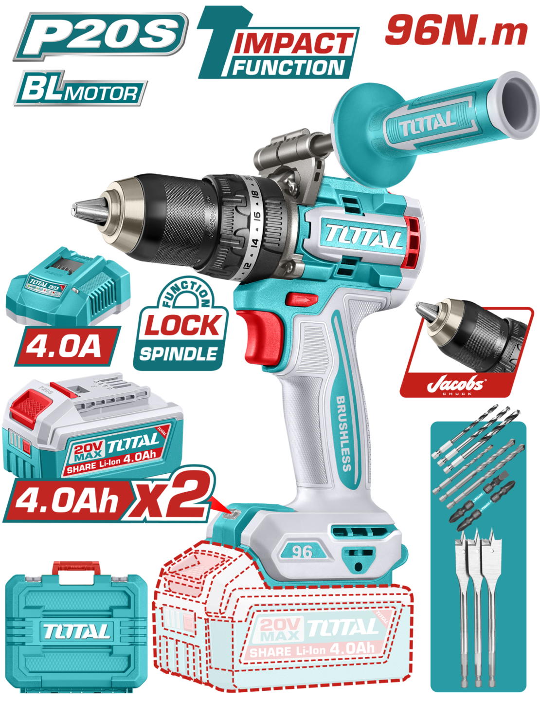 TOTAL - MASINA DE GAURIT CU IMPACT - 20V - 4.0AH LI-ION (2 ACUMULATORI, 1 INCARCATOR)