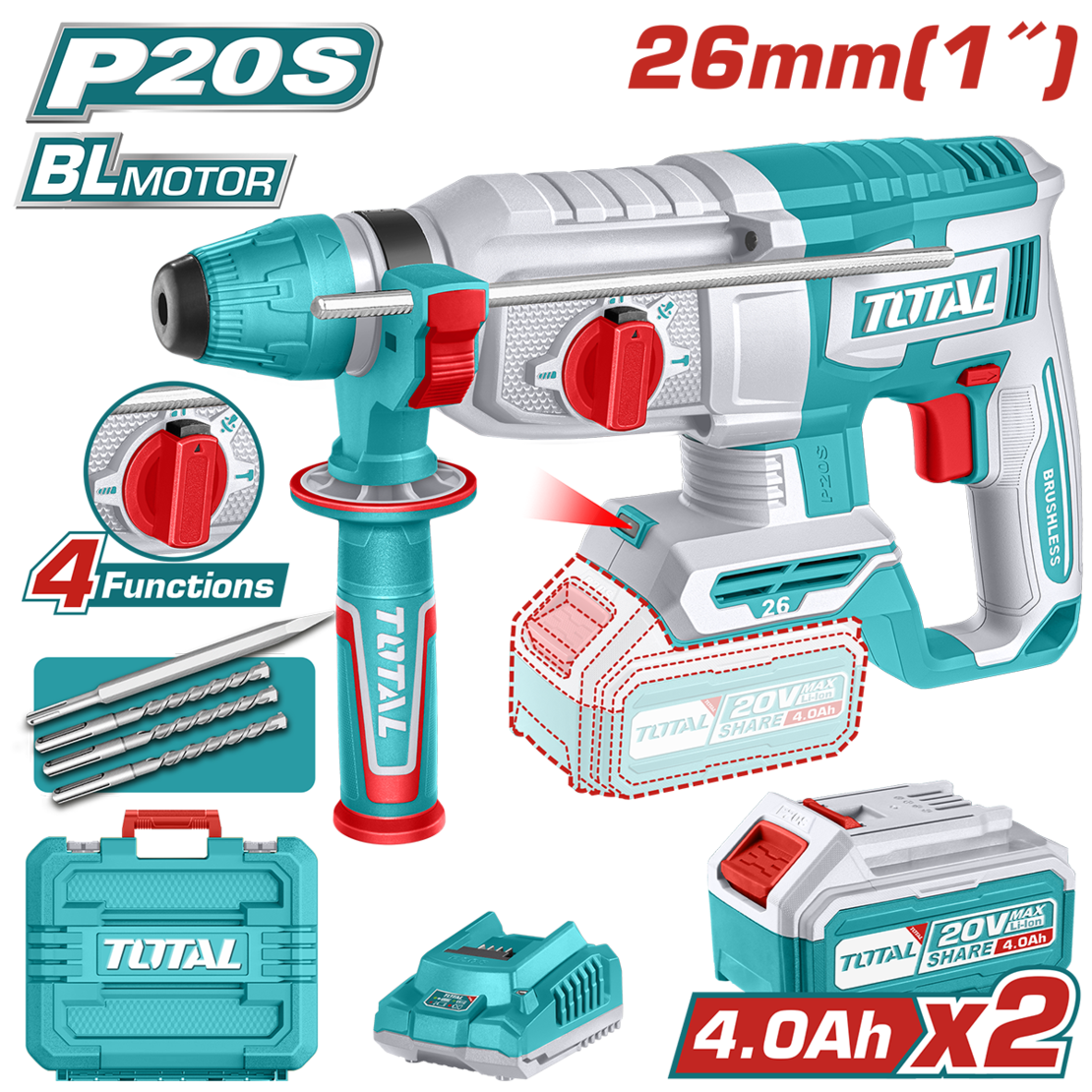TOTAL - CIOCAN ROTOPERCUTOR - 2,5J - 20V - LI-ION (INCLUDE 2 ACUMULATORI SI INCARCATOR)