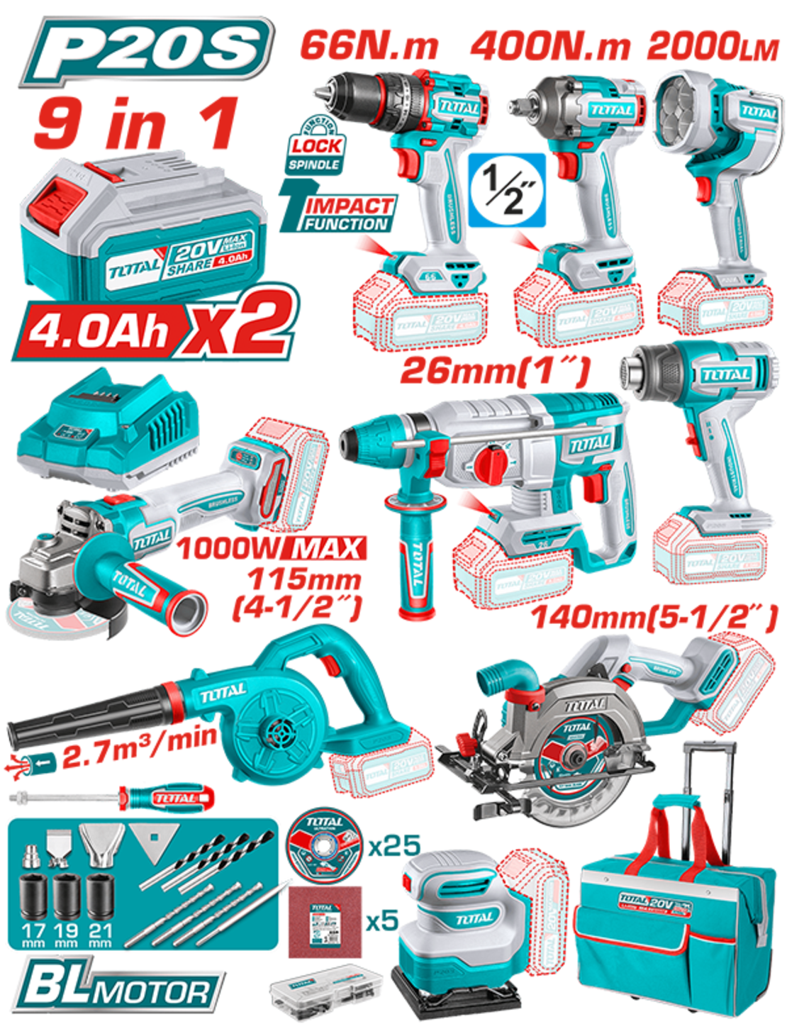 TOTAL - KIT COMBO 20V - 4.0Ah - BORMASINA, MASINA INSURUBAT, POLIZOR UNGHIULAR, ROTOPERCUTOR, FIERAS