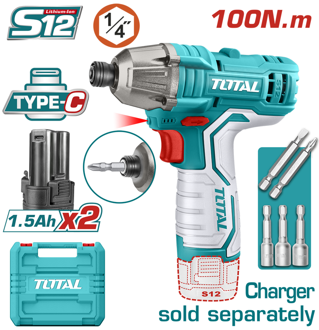 TOTAL - MASINA DE INSURUBAT CU IMPACT SI ACUMULATOR 12V-1.5AH LI-ION (2 ACUMULATORI) - HEX 1/4