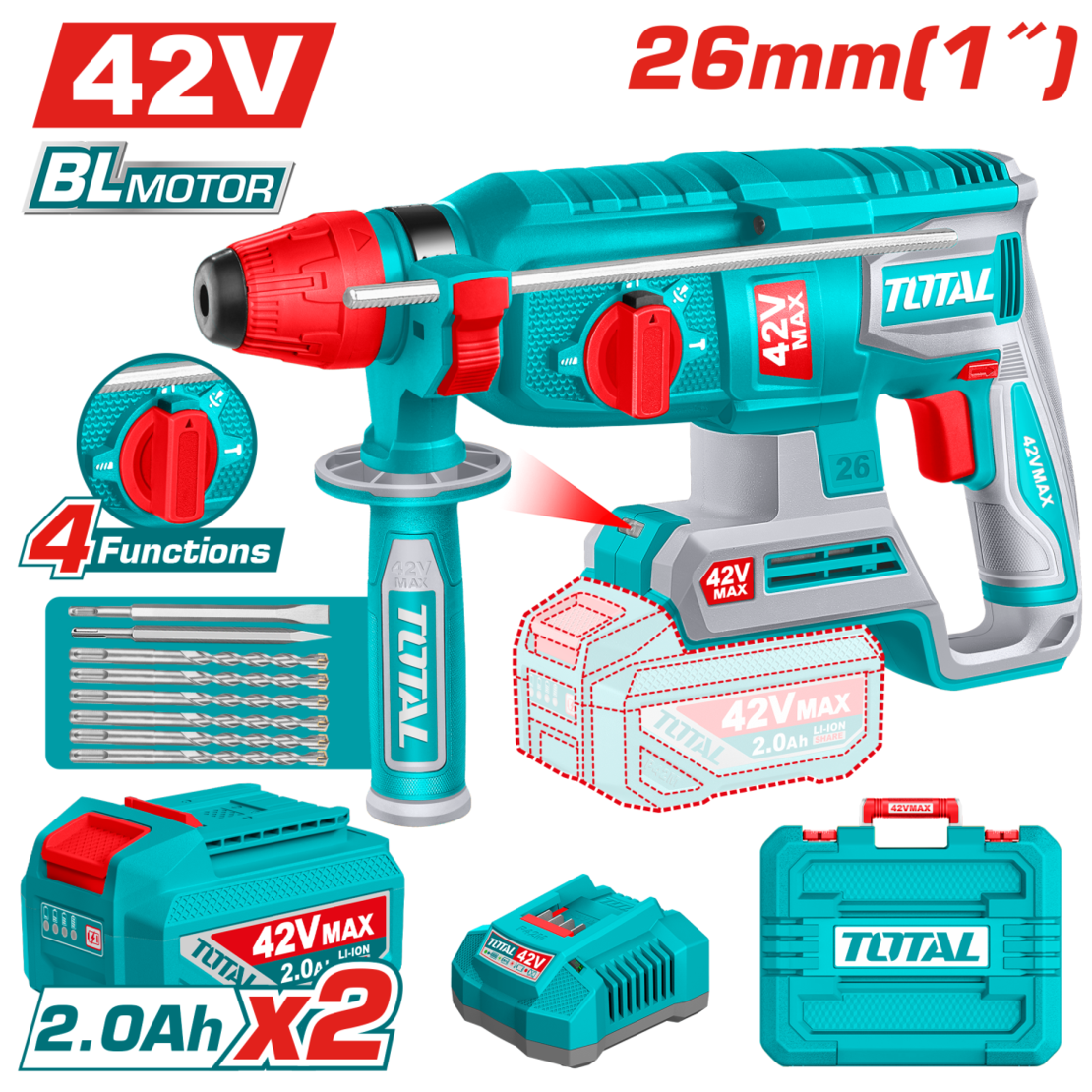 TOTAL - CIOCAN ROTOPERCUTOR - 26MM - 42V (INCLUDE 2 ACUMULATORI, 1 INCARCATOR)