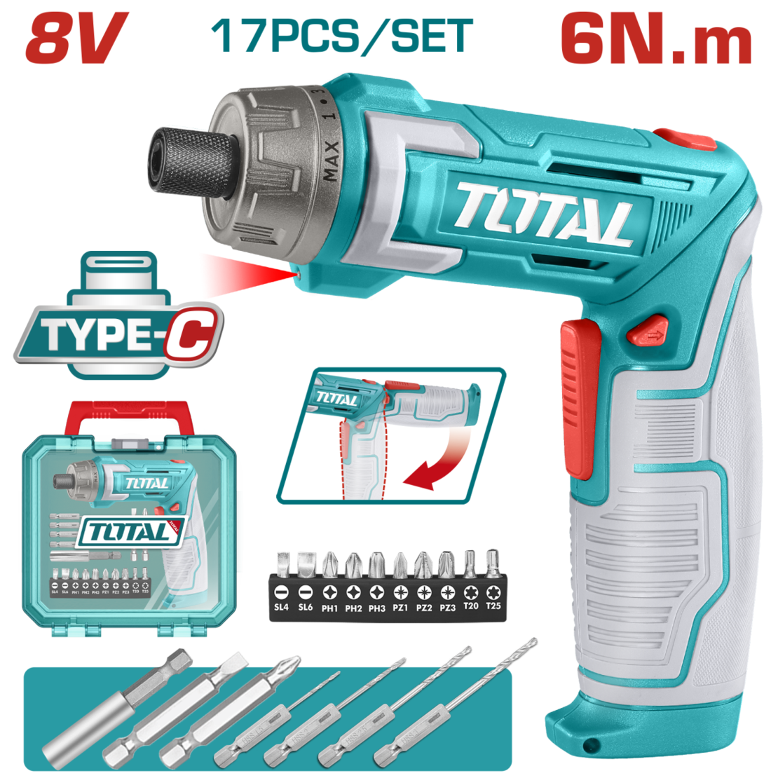 TOTAL - SURUBELNITA 8V LI-ION +ACCESORII, INCARCARE USB