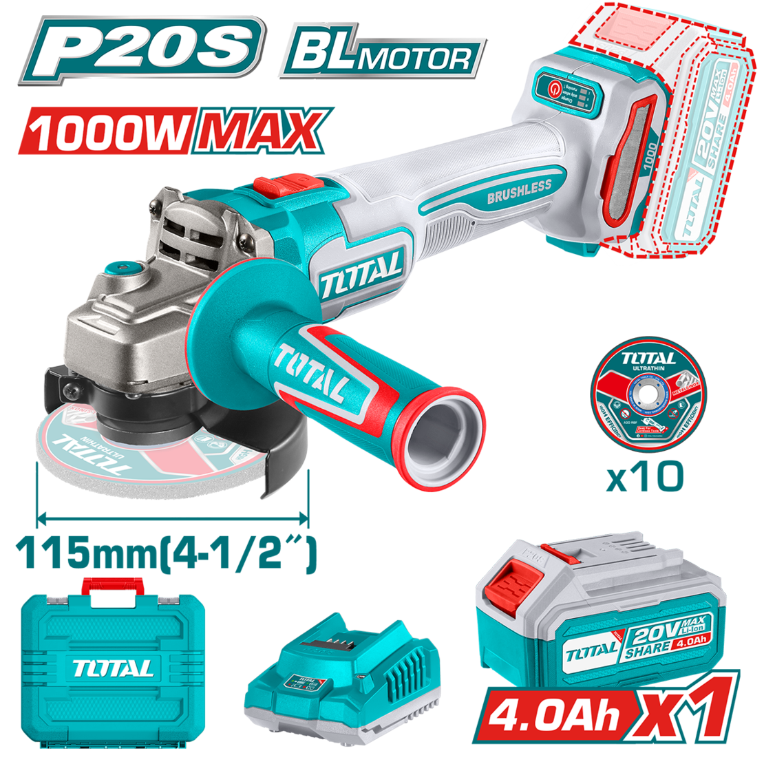 TOTAL - POLIZOR UNGHIULAR -115MM - 20V - 4.0Ah - MOTOR FARA PERII (INCLUDE 1 ACUMULATOR, 1 INCARCATO