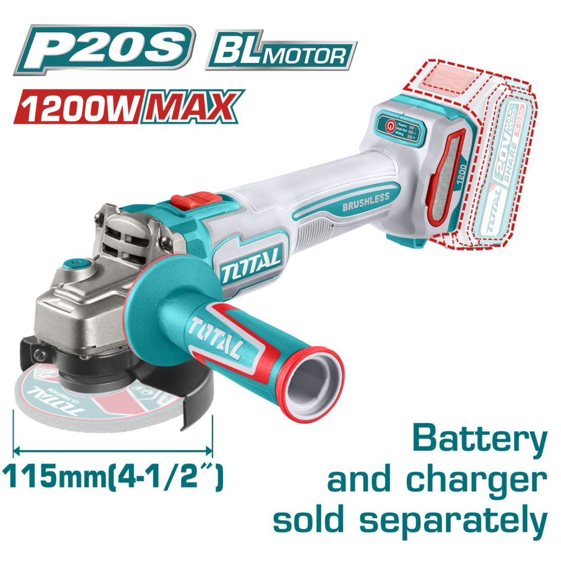 TOTAL - POLIZOR UNGHIULAR - 115MM - 20V - LI-ION (INDUSTRIAL)