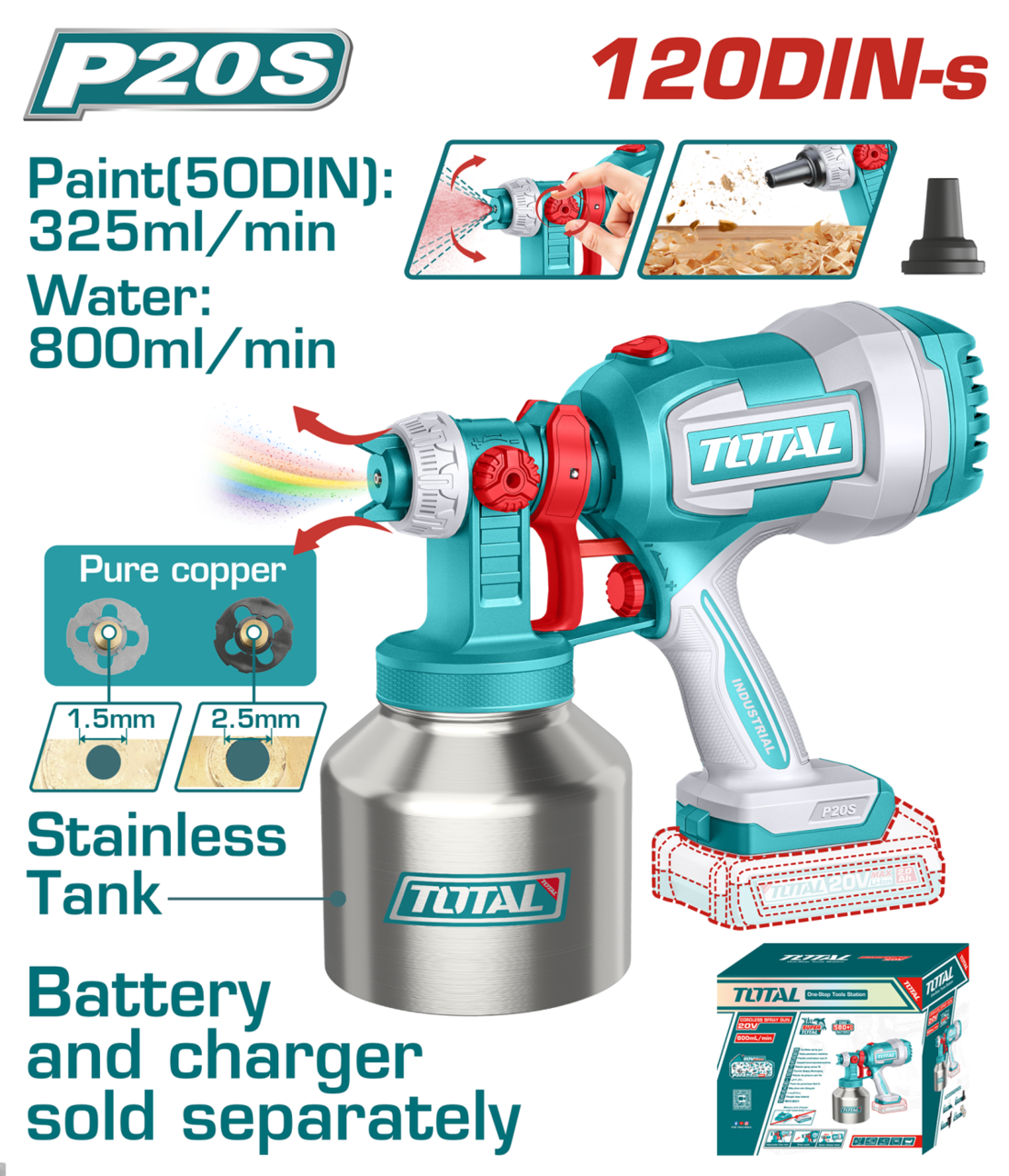 TOTAL - PISTOL DE VOPSIT - 800ML - LI-ION - 20V (NU INCLUDE ACUMULATOR)