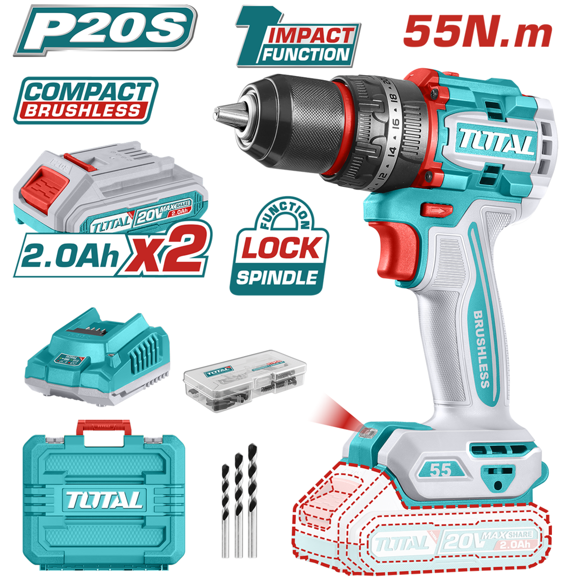 TOTAL - MASINA DE GAURIT CU PERCUTIE - 20V - 2.0AH LI-ION (INCLUDE 2 ACUMULATORI + 1 INCARCATOR)