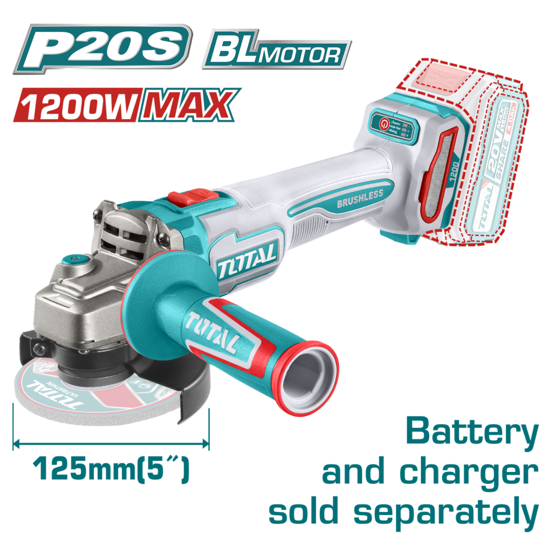 TOTAL - POLIZOR UNGHIULAR -125MM - 20V - MOTOR FARA PERII (NU INCLUDE ACUMULATOR)