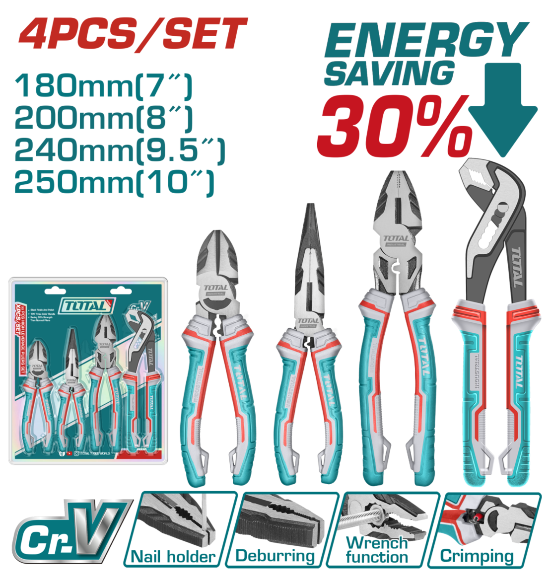TOTAL - SET 4 CLESTI - CLESTE TAIETOR 7'', CLESTE CU VARF ASCUTIT 8'', PATENT UNIVERSAL 9.5'', CLEST