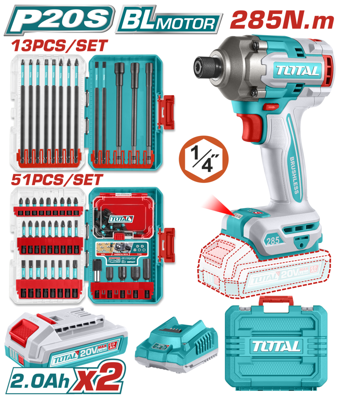 TOTAL - MASINA DE INSURUBAT CU IMPACT CU ACUMULATOR - 20V - 2.0AH - LI-ION (2 ACUMULATORI) - 6.35MM
