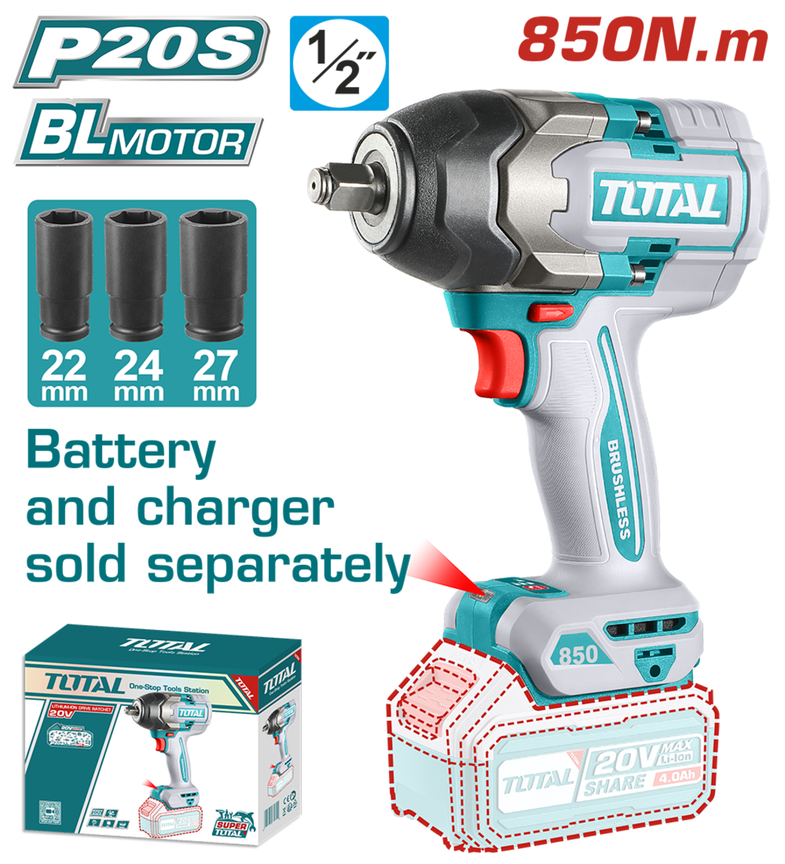 TOTAL - MASINA DE INSURUBAT CU IMPACT - 20V - 850N.m MOTOR FARA PERII (NU INCLUDE ACUMULATOR) - 1/2