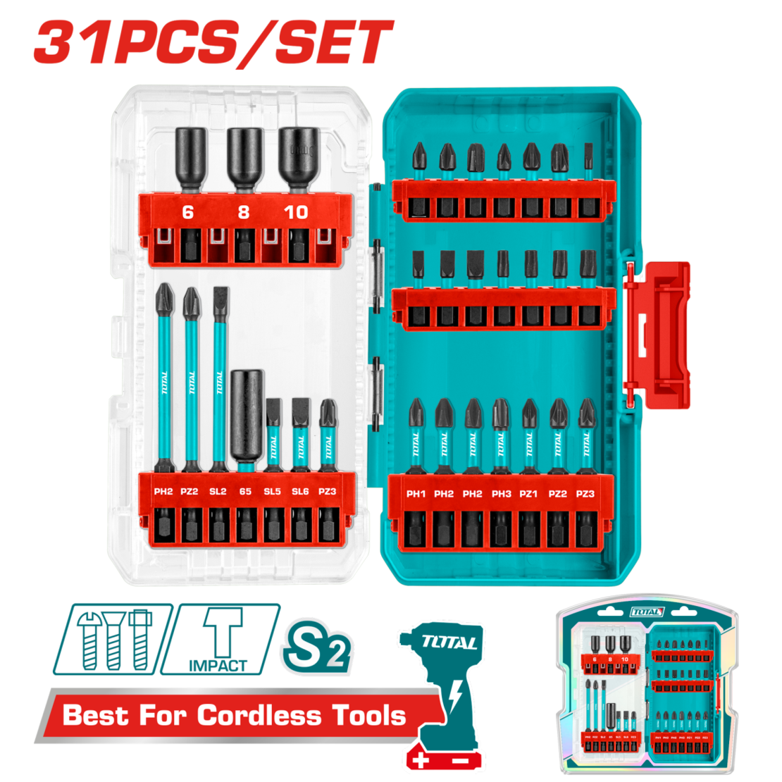 TOTAL - SET 31 ACCESORII PENTRU SURUBELNITA CU IMPACT