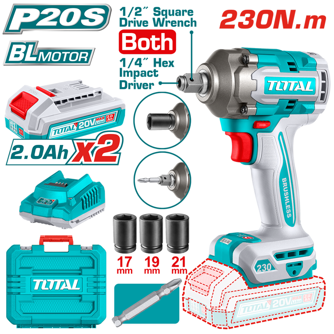 TOTAL - MASINA DE INSURUBAT CU IMPACT 2 IN 1 CU ACUMULATOR - 20V - MOTOR FARA PERII (INCLUDE 2 ACUMU