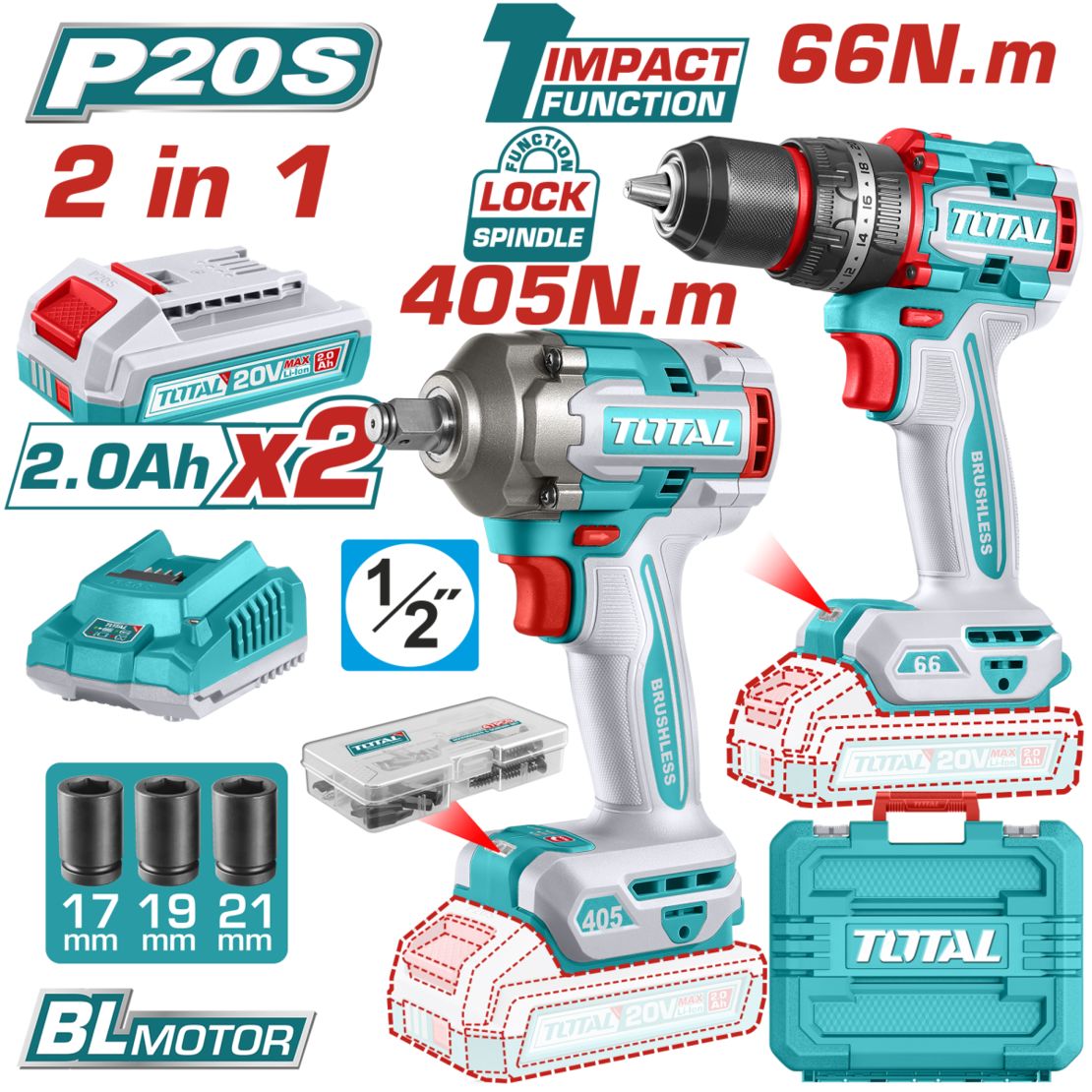 TOTAL - KIT COMBO - 20V - MASINA DE GAURIT CU PERCUTIE, MASINA DE INSURUBAT CU IMPACT (INCLUDE 2 ACU