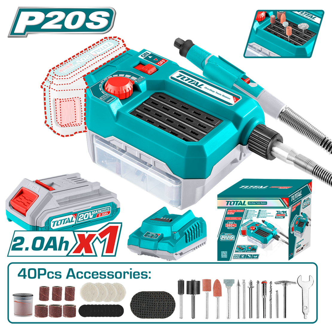 TOTAL - MINI POLIZOR - 20V - 2.0Ah (INCLUDE ACUMULATOR SI INCARCATOR)