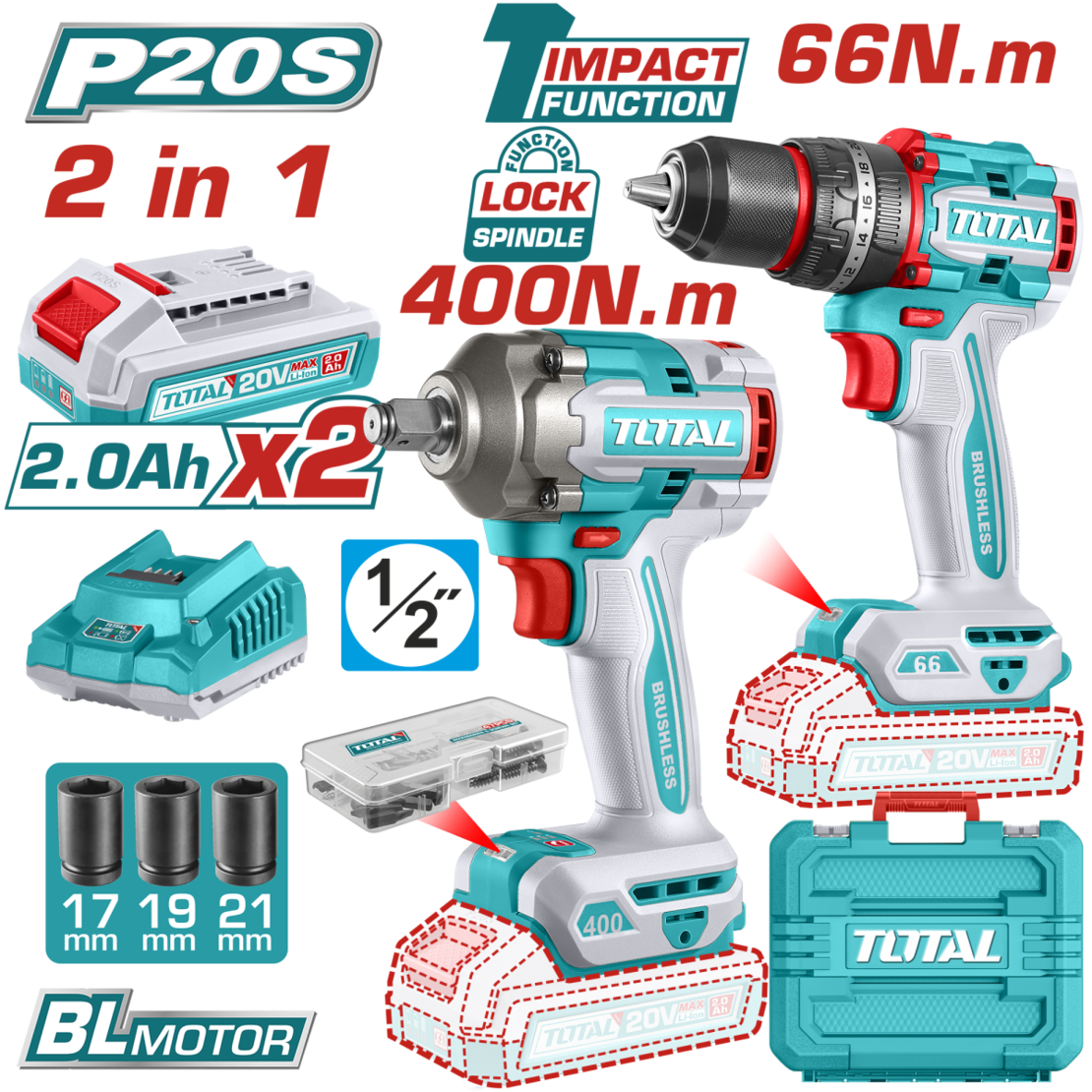 TOTAL - SET SCULE ELECTRICE CU 2 UNELTE CU MOTOR FARA PERII – 20V (INCLUDE 2 ACUMULATOR SI INCARCATO