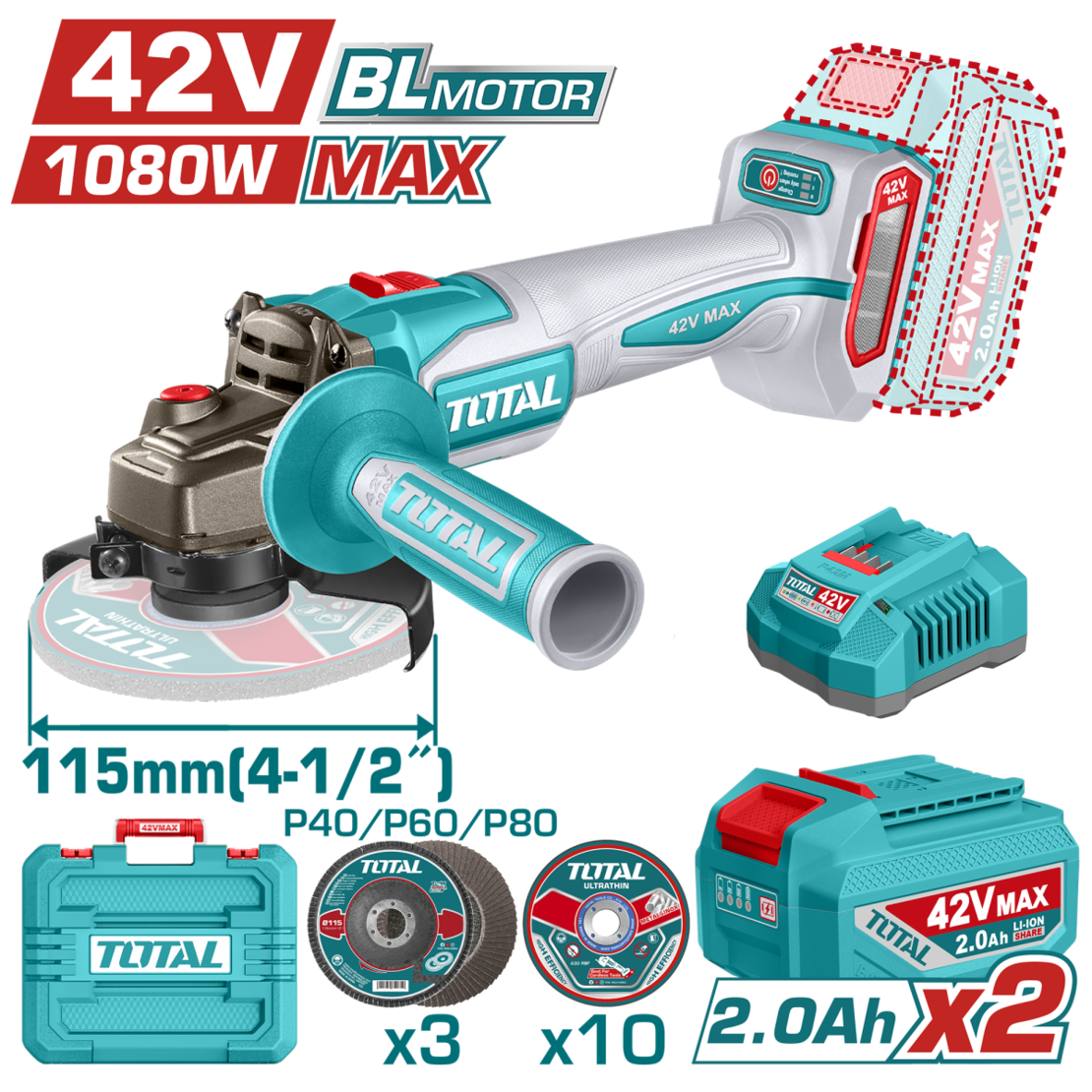 TOTAL - POLIZOR UNGHIULAR -115MM - 42V - 1080W (INCLUDE 2 ACUMULATORI, 1 INCARCATOR)