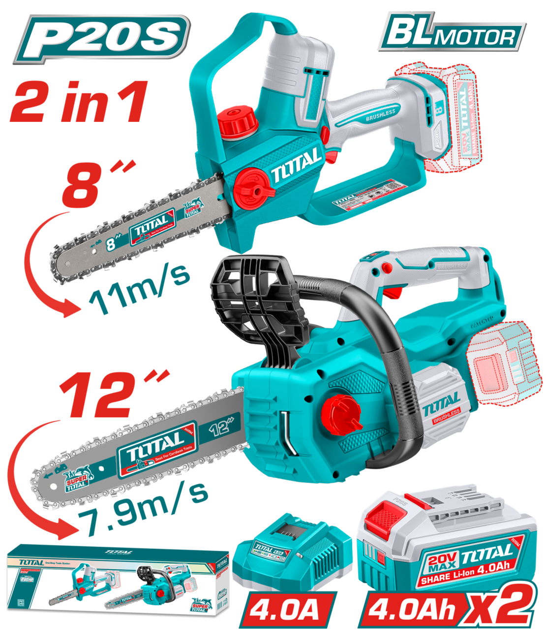 TOTAL - KIT COMBO 20V - FIERASTRAU ELECTRIC PENTRU CRENGI, DRUJBA 12'' (INCLUDE 2 ACUMULATORI , 1 IN