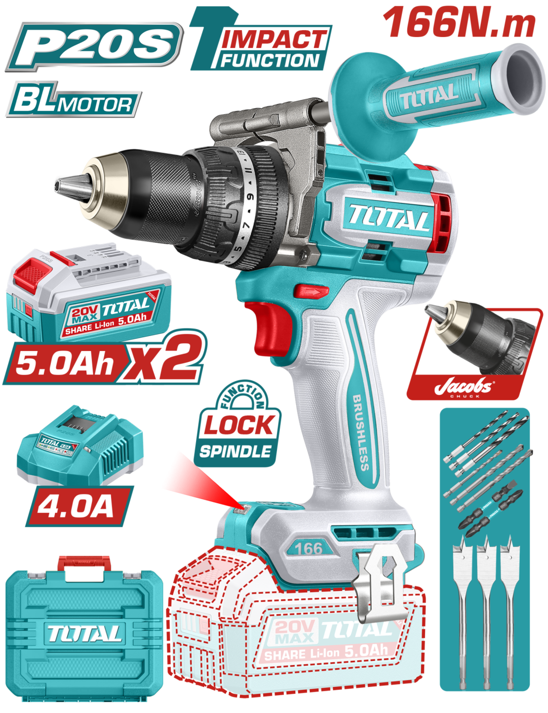 TOTAL - MASINA DE GAURIT CU PERCUTIE - 20V - 5AH - MOTOR FARA PERII (INCLUDE 2 ACUMULATORI, 1 INCARC
