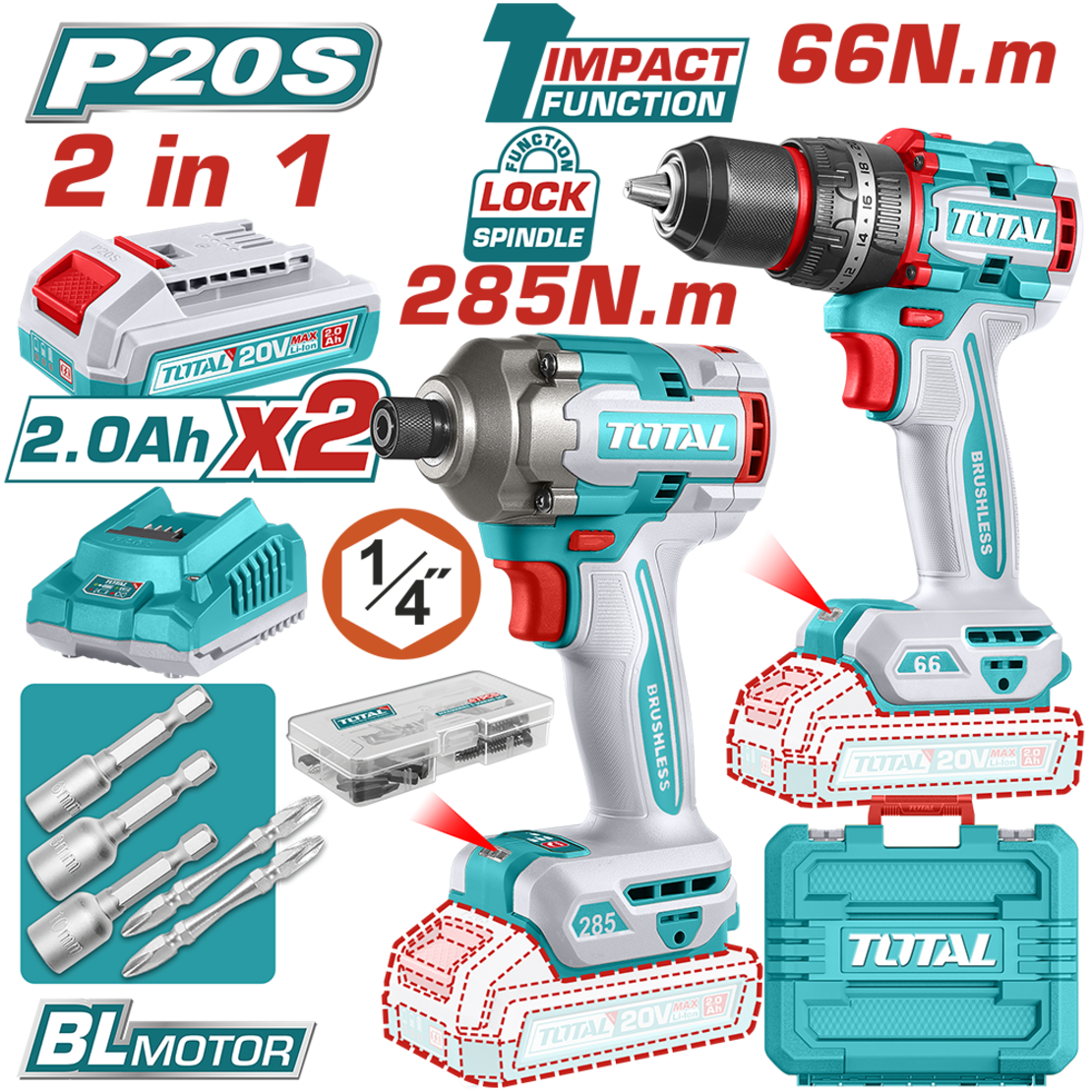 TOTAL - KIT COMBO - 20V - MASINA DE GAURIT CU IMPACT, MASINA DE INSURUBAT CU IMPACT (INCLUDE 2 ACUMU
