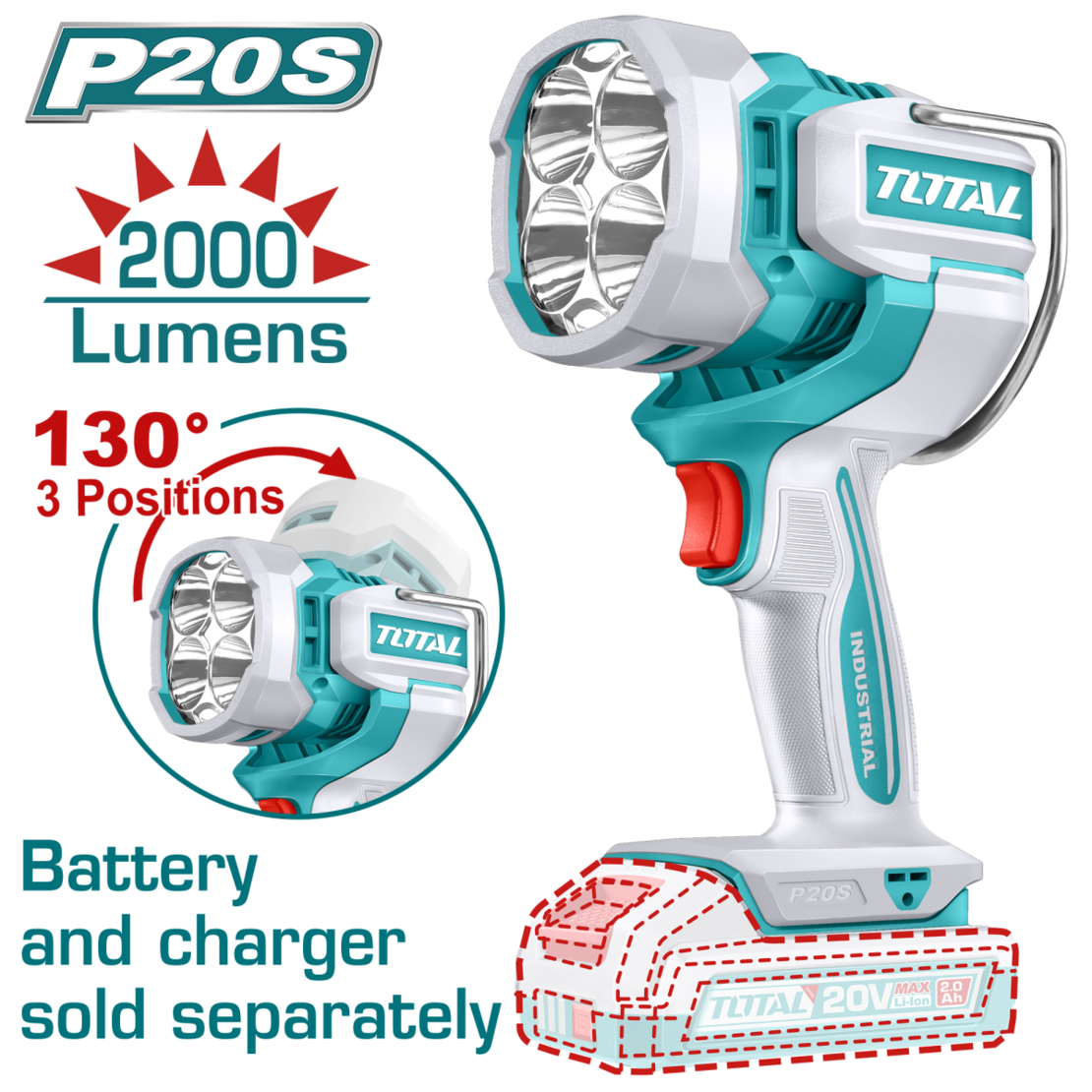 TOTAL - LAMPA DE LUCRU - 2000 LUMENI - LI-ION - 20V (NU INCLUDE ACUMULATOR SI INCARCATOR)