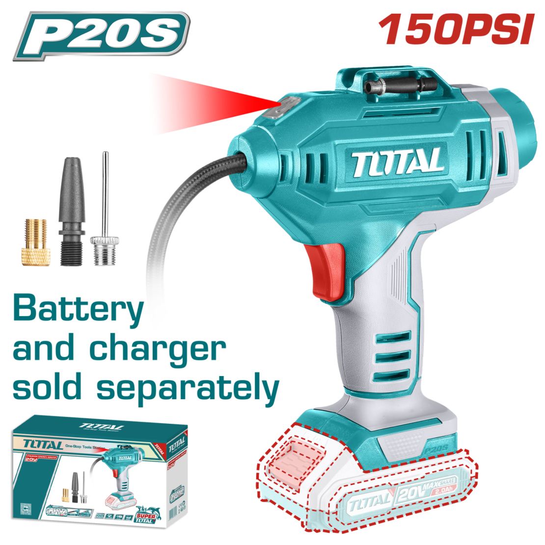 TOTAL - COMPRESOR AER - 150PSI/10.34BAR - LI-ION - 20V (NU INCLUDE ACUMULATOR SI INCARCATOR)