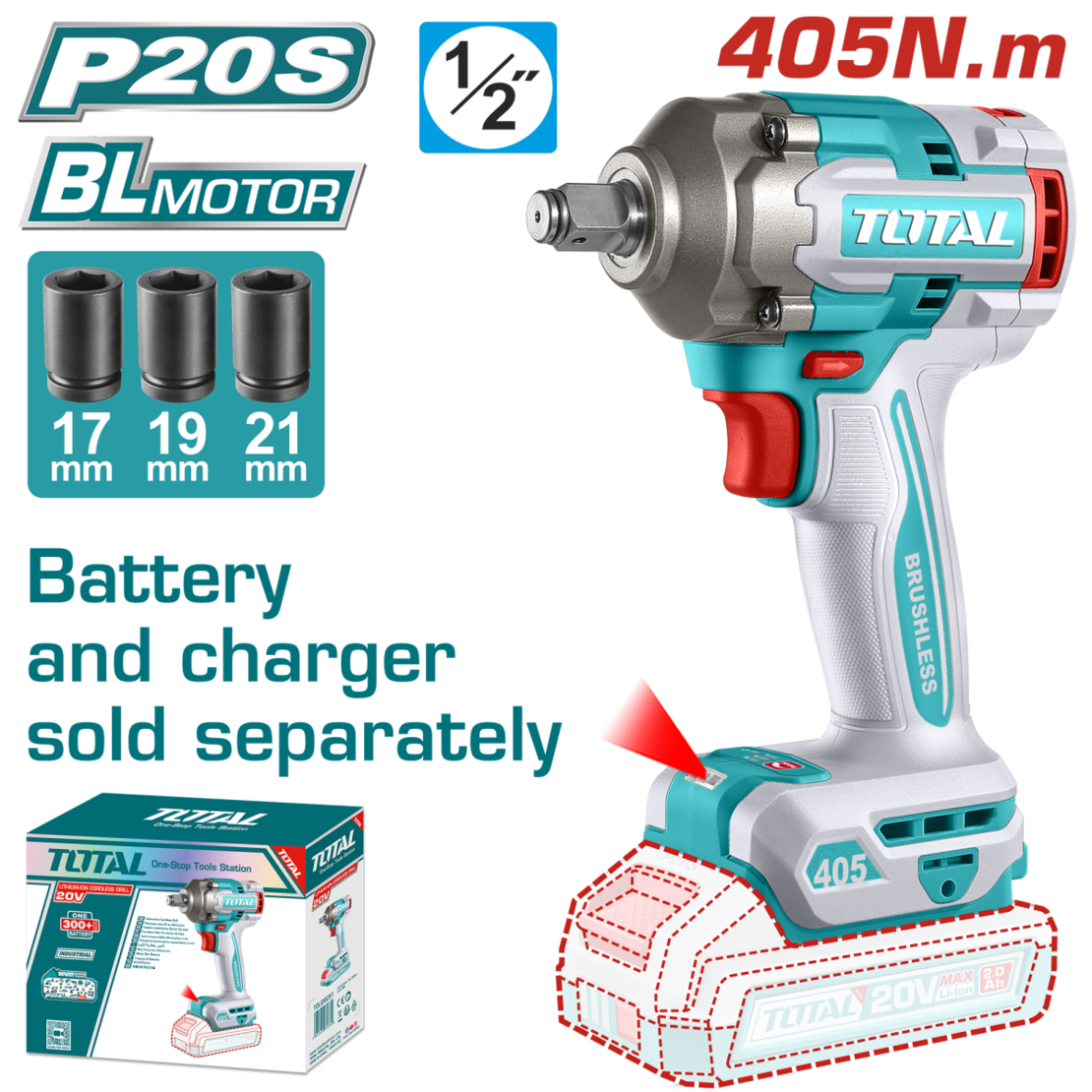 TOTAL - MASINA DE INSURUBAT CU IMPACT - 20V - 405N.m 1/2