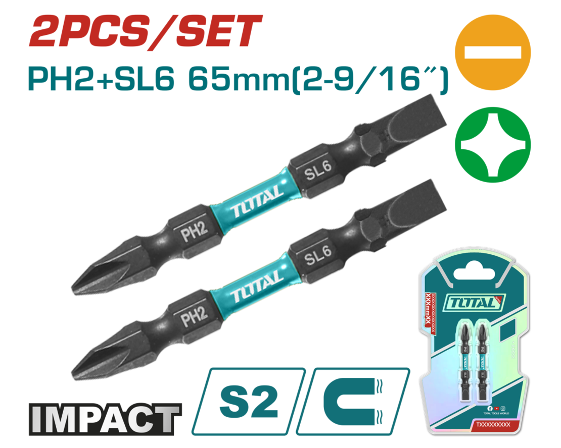 TOTAL - BITI PENTRU SURUBELNITA CU IMPACT PH2+SL6,65MM, 2 BUC/SET
