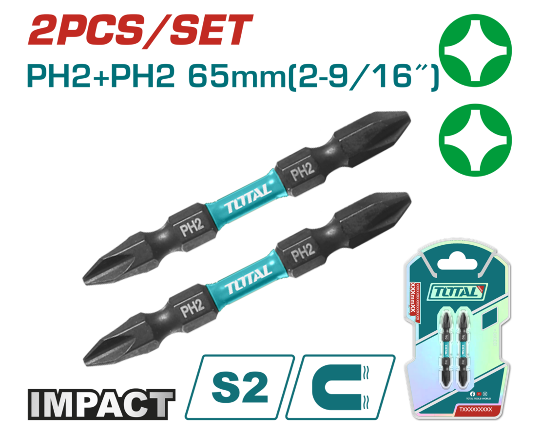 TOTAL - BITI PENTRU SURUBELNITA CU IMPACT PH2+PH2,65MM, 2 BUC/SET