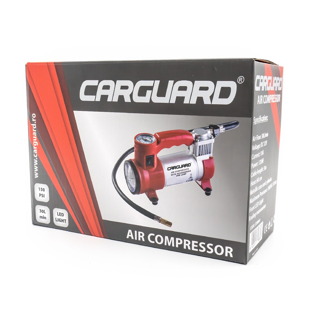 Compresor auto 12V Carguard – 30 L/min – 150 PSI – carcasa metal + LED frontal