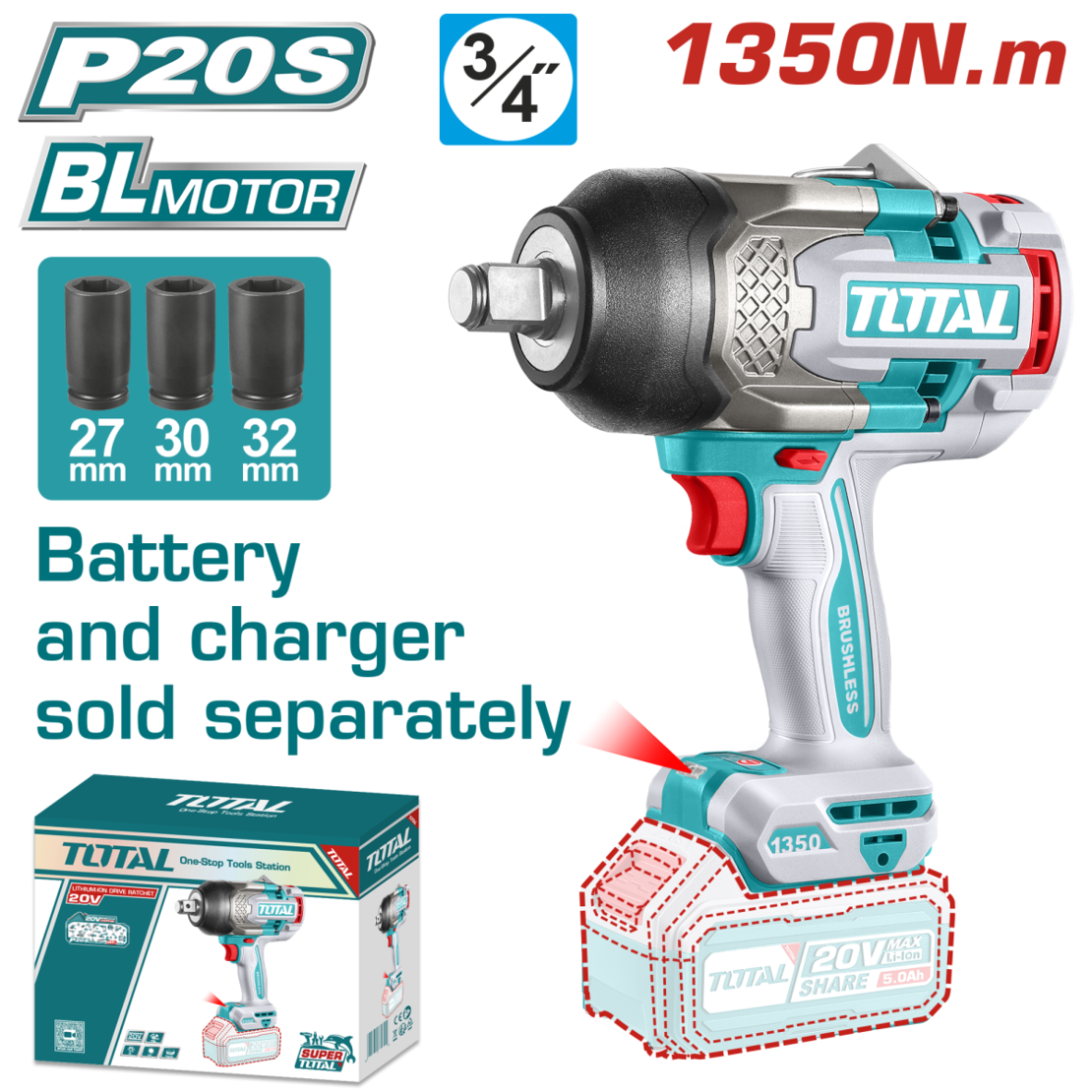 TOTAL - MASINA DE INSURUBAT CU IMPACT - 20V – MOTOR FARA PERII (NU INCLUDE ACUMULATOR)
