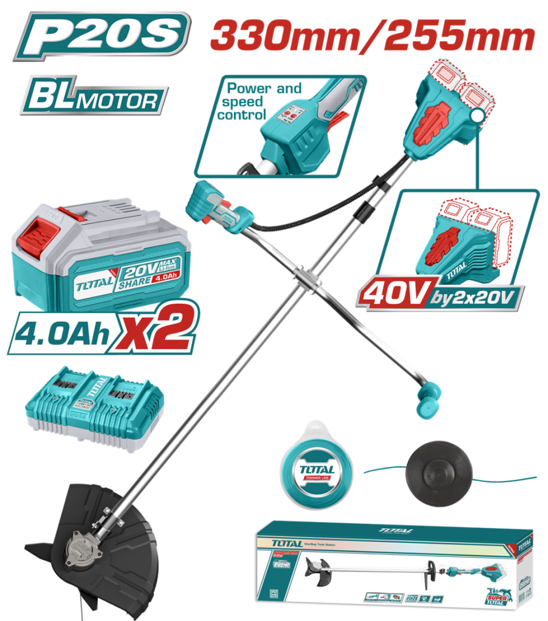 TOTAL - MOTOCOASA SI TRIMMER 40V - LI-ION (INCLUDE 2 ACUMULATORI SI INCARCATOR)